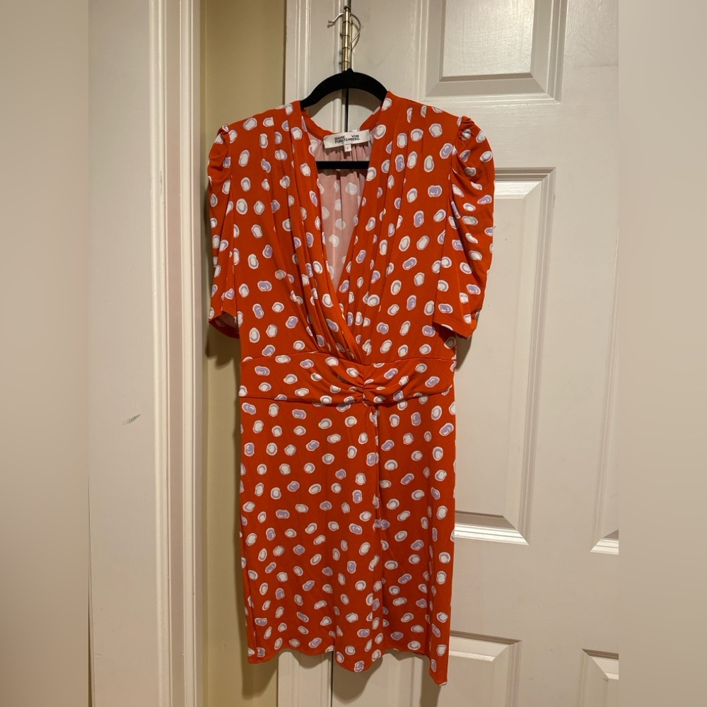 Diane von Furstenberg Orange Print Wrap Style Dress Size L Puff Sleeve DVF